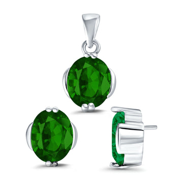 Jewelry Set Pendant Earring Oval Simulated Green Emerald Cubic Zirconia 925 Sterling Silver